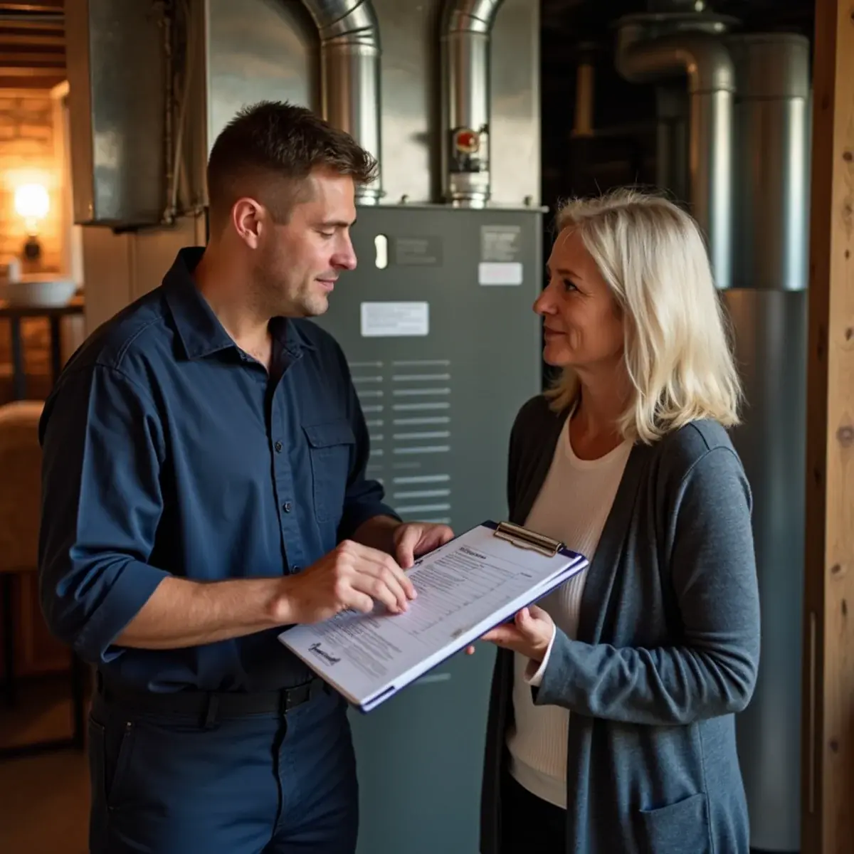 Technician explaining a furnace diagnosis and price to a Pittsburgh homeowner before starting work
