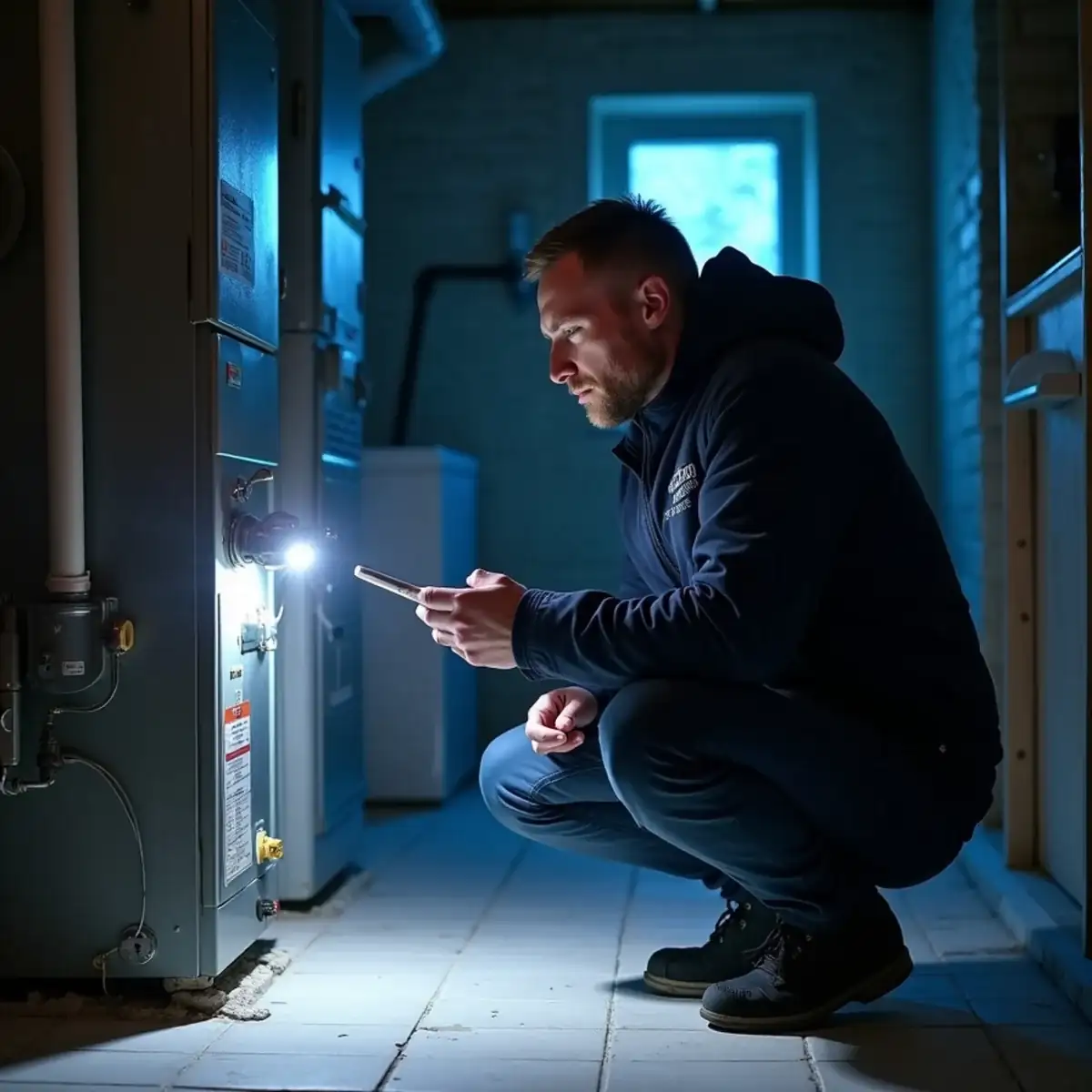 Homeowner in a coat checking a silent gas furnace with a flashlight in a cold Pittsburgh basement