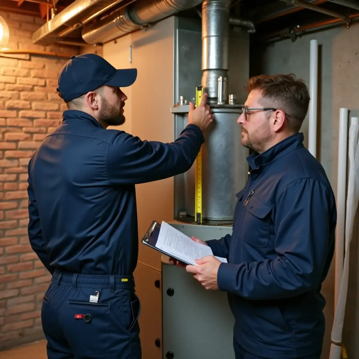 Technician measuring for a furnace replacement estimate beside an old 80% furnace and brick chimney in Pittsburgh