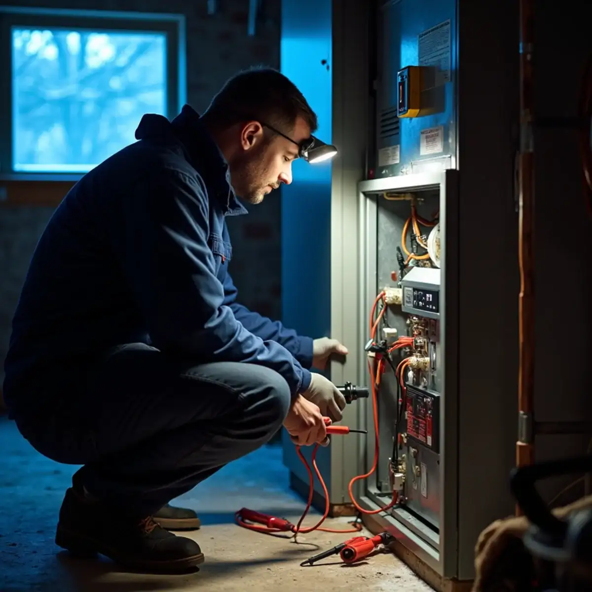 Technician repairing a gas furnace at night in a Pittsburgh basement during a winter freeze