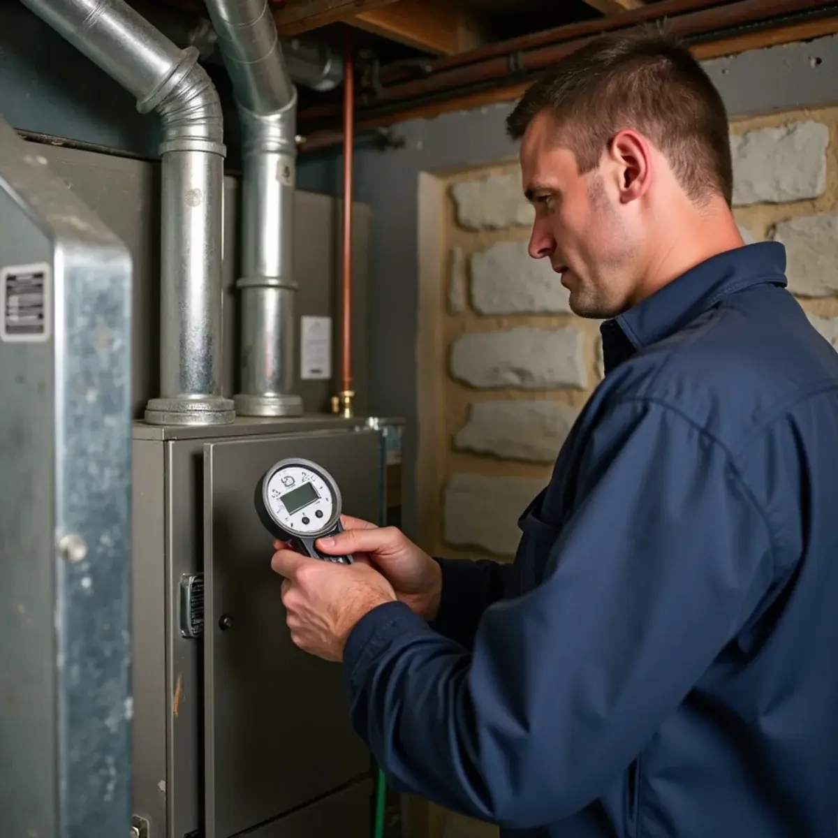 Technician measuring duct static pressure at a gas furnace in a Pittsburgh house basement