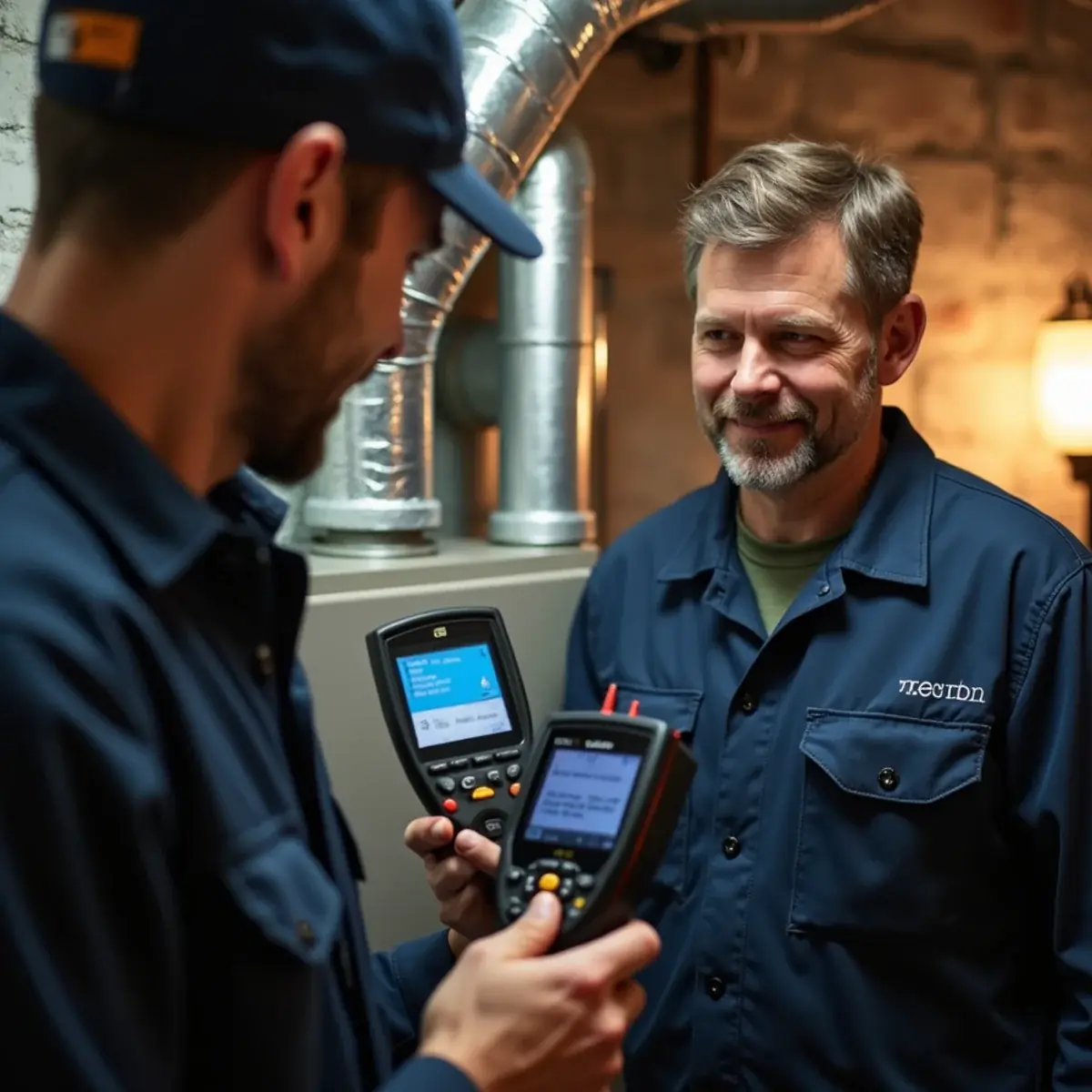 HVAC technician running a combustion analysis on a newly installed furnace in a Pittsburgh home