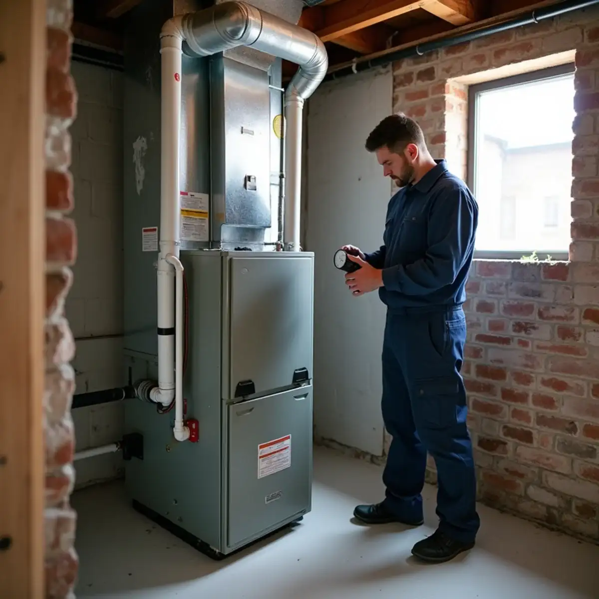 Newly installed high-efficiency gas furnace with white PVC venting in a Pittsburgh basement