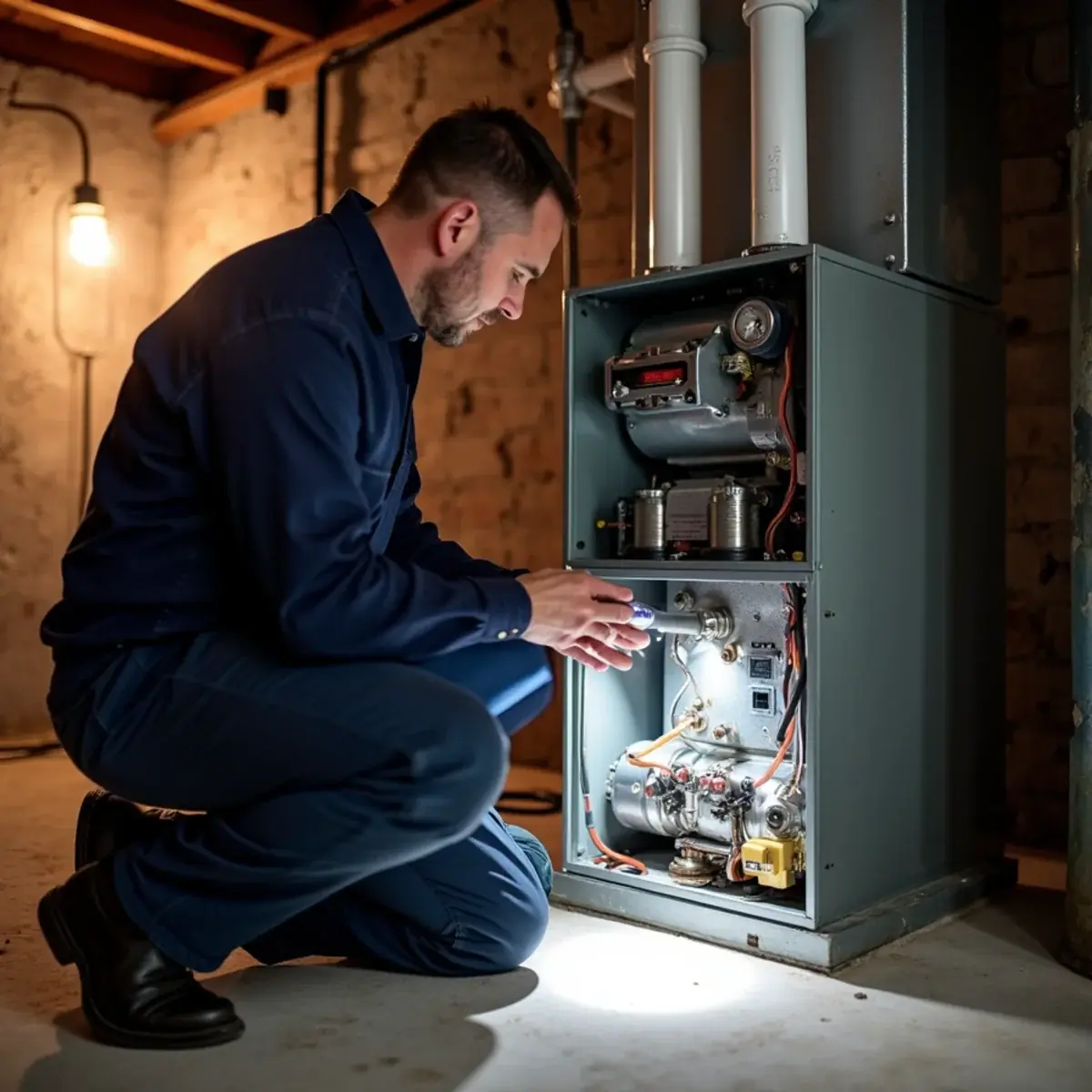 Technician inspecting burners and heat exchanger of a gas furnace during a tune-up in a Pittsburgh basement