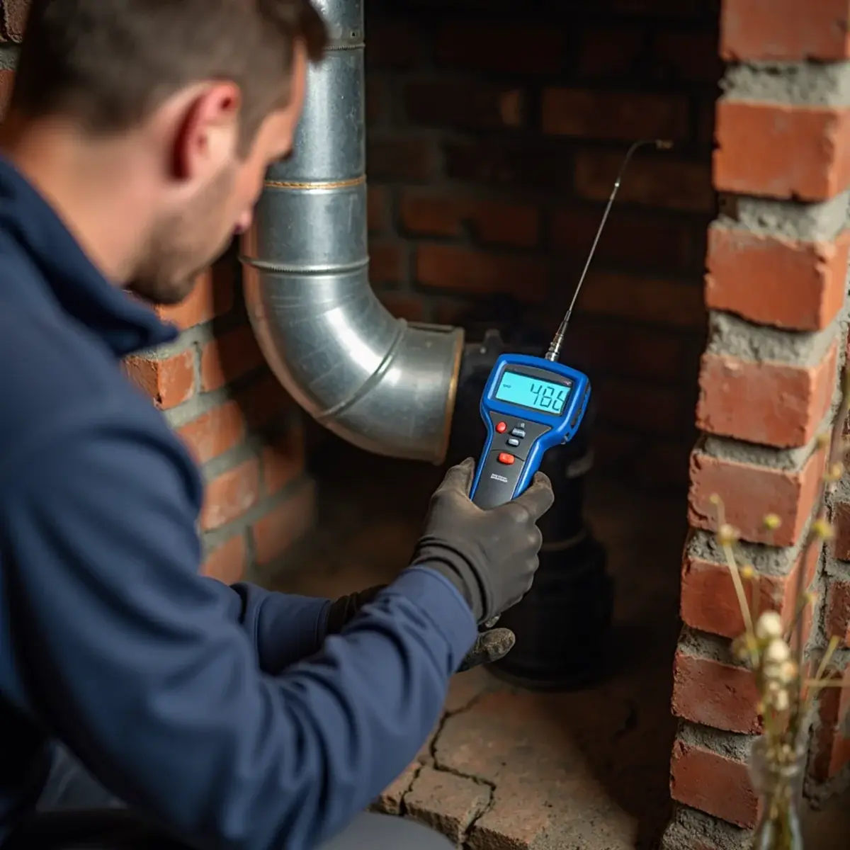 Technician checking draft where an 80% gas furnace vents into a brick chimney in an older Pittsburgh home