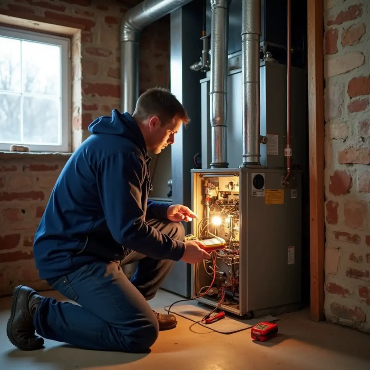HVAC technician repairing a gas furnace in the basement of a Pittsburgh brick home