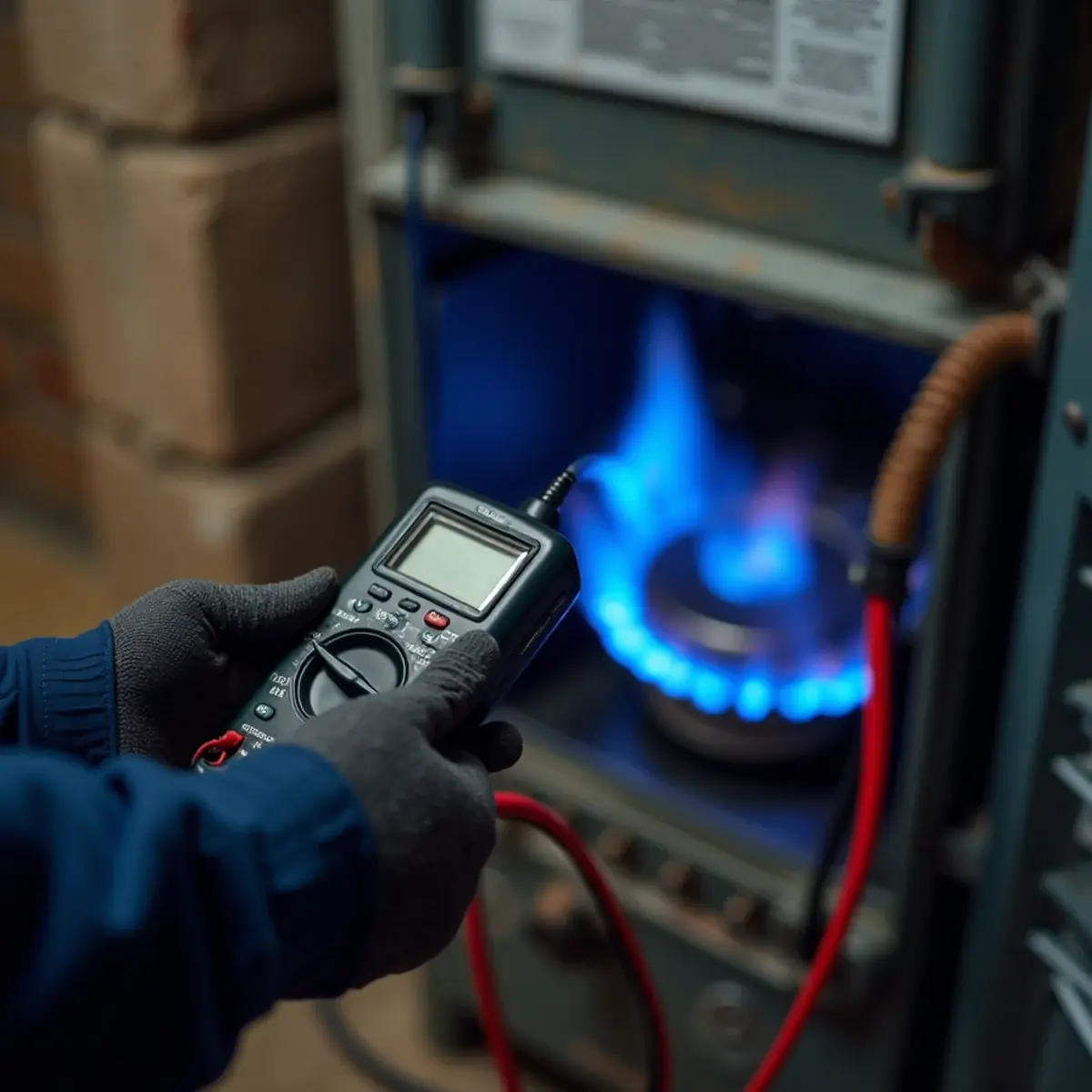 Technician measuring flame sensor microamps on a gas furnace in a Pittsburgh basement