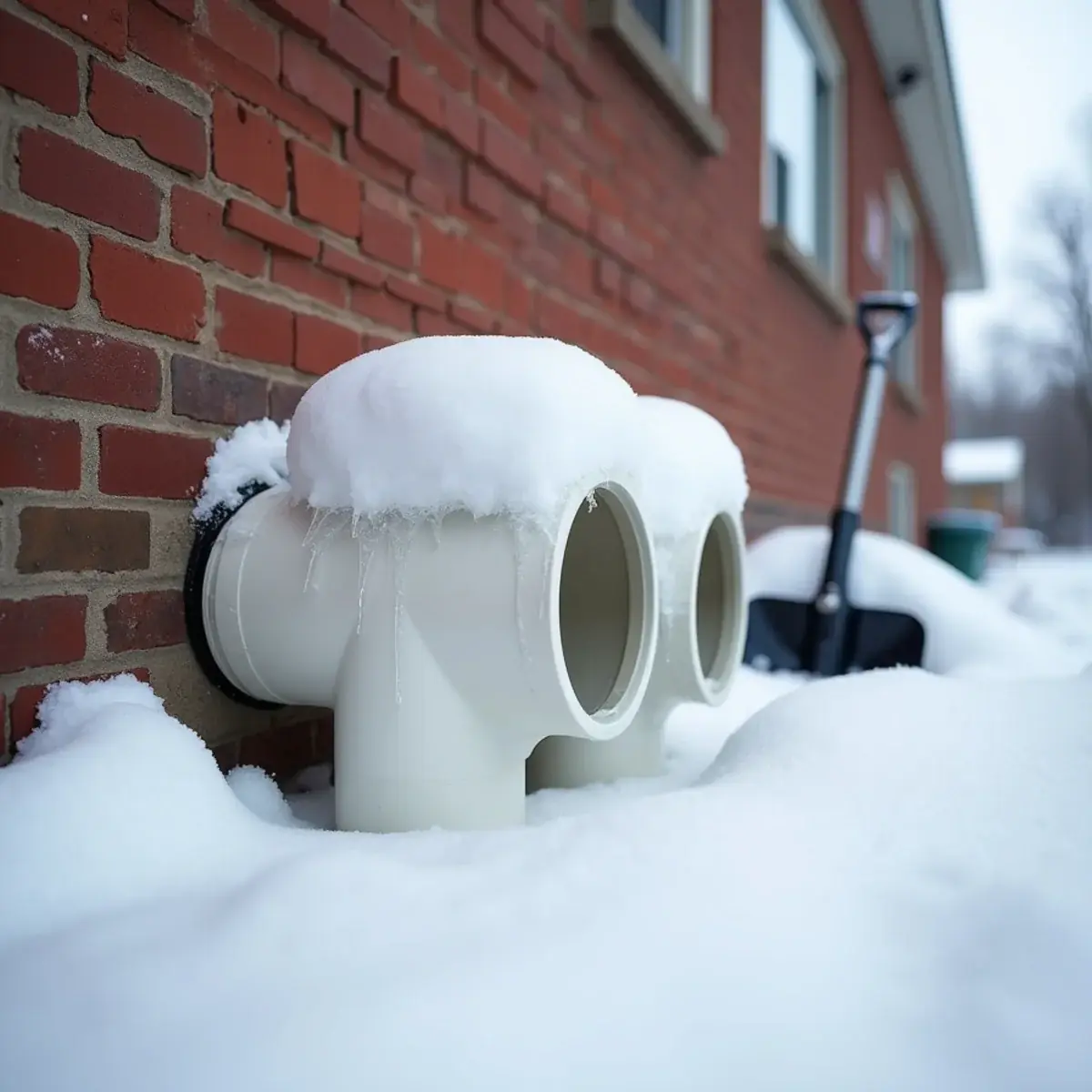 Snow-covered PVC furnace intake and exhaust pipes on a brick house wall in Pittsburgh