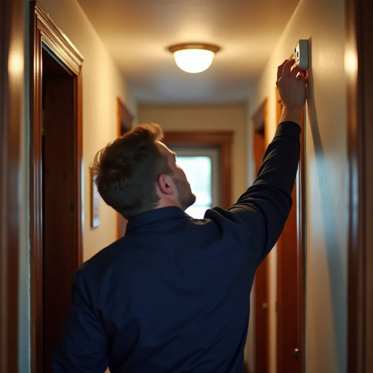 Homeowner testing a carbon monoxide alarm in the upstairs hallway outside bedrooms in a Pittsburgh home