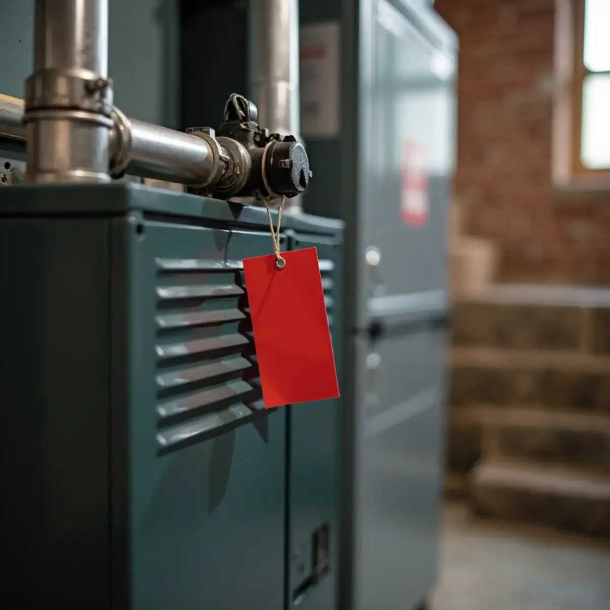 Red warning tag hanging from the gas valve of a shut-off furnace in a Pittsburgh basement