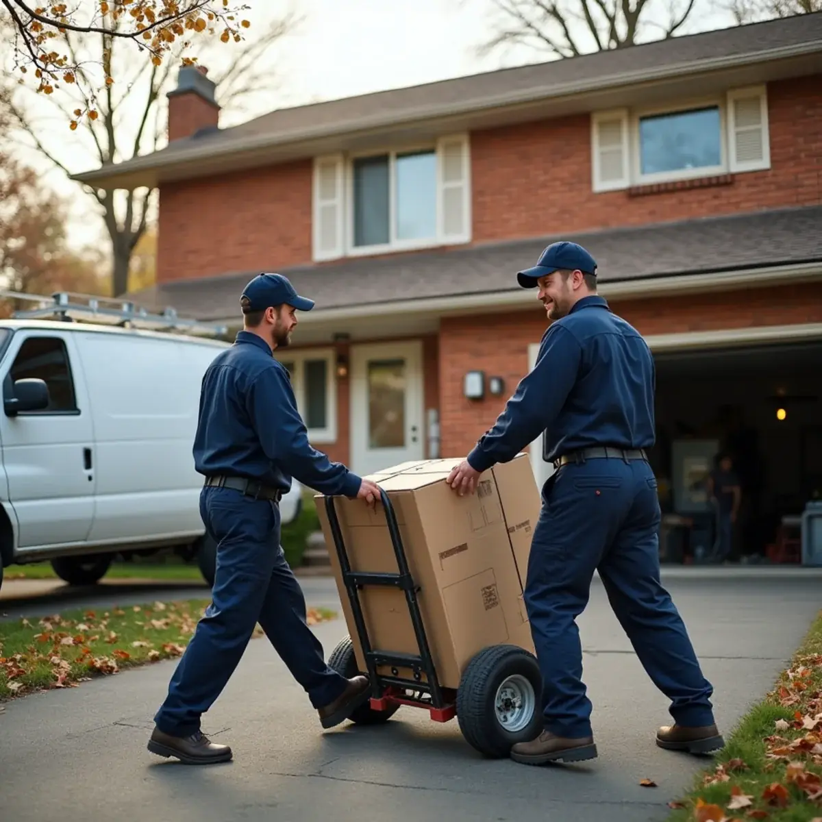 Technicians carrying a new gas furnace into a Bethel Park, PA split-level home through the garage