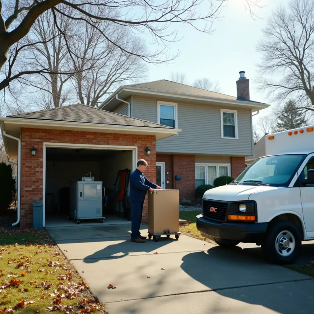 1960s split-level home in Bethel Park, PA with an old gas furnace being replaced in the garage-level basement