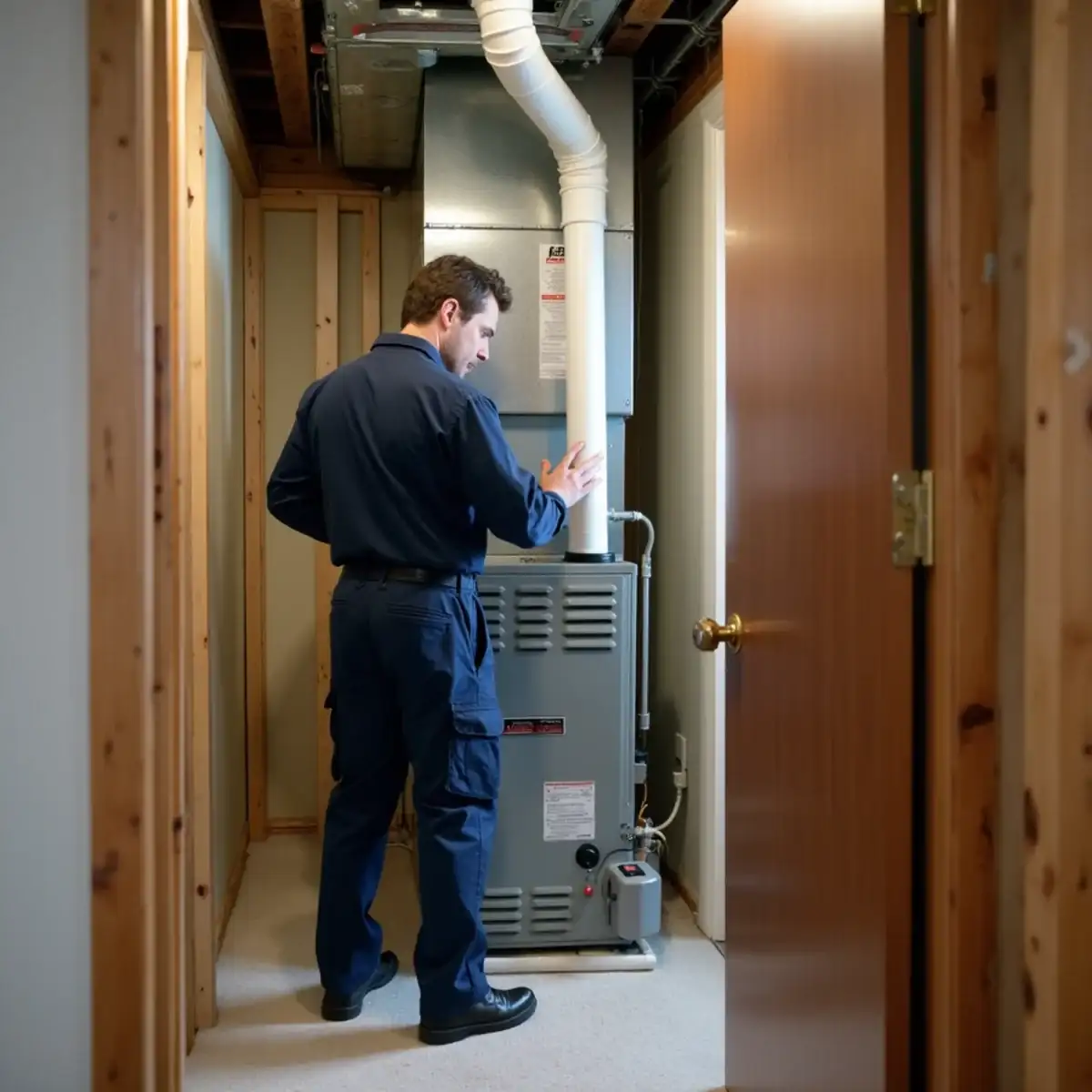 High-efficiency furnace with white PVC vent pipes in a finished basement of a 1980s McCandless, PA home