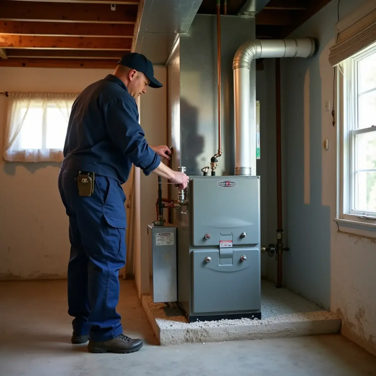 Technician installing a replacement gas furnace in the basement of a Monroeville, PA ranch home