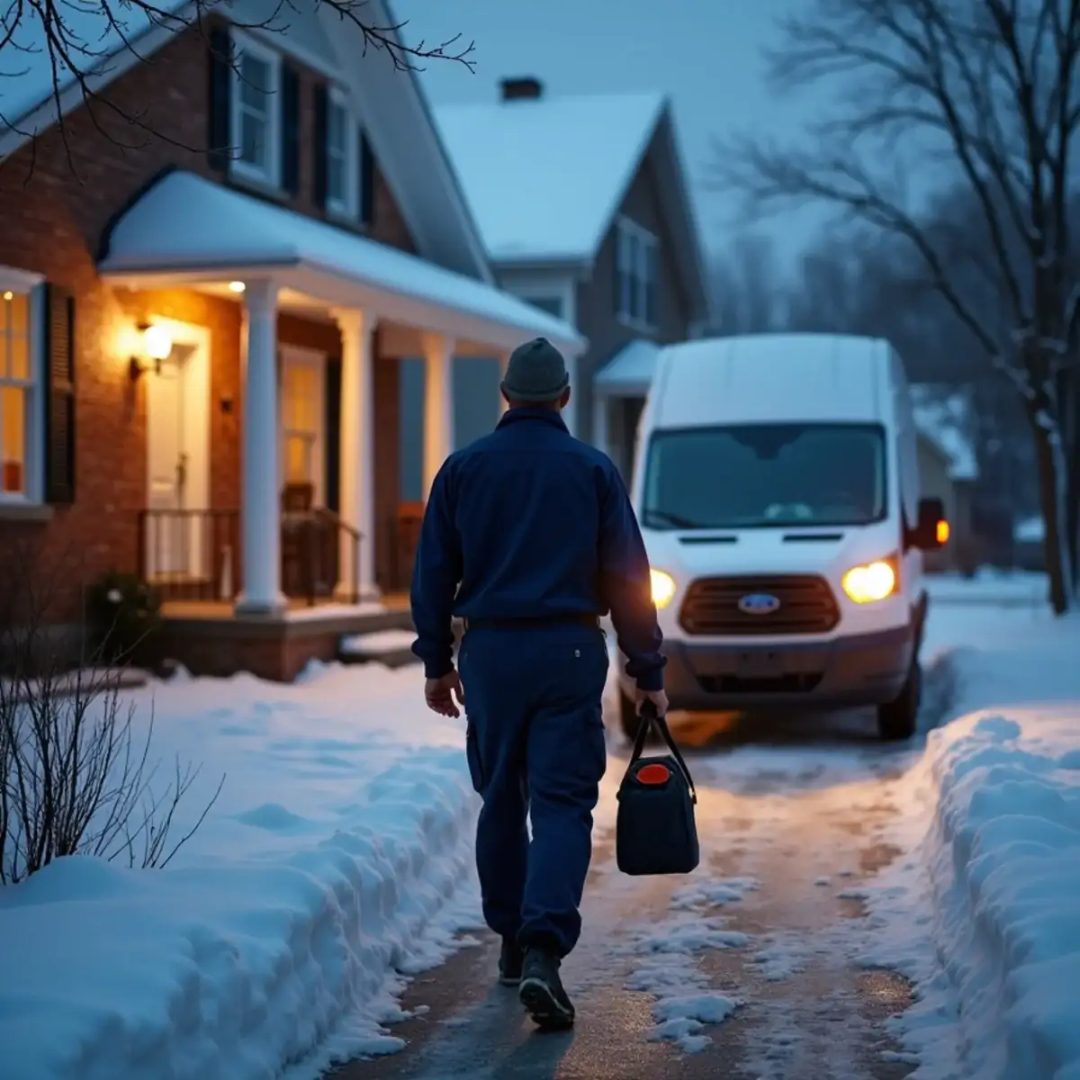Furnace technician's van outside a 1960s brick-and-siding ranch in Monroeville, PA on a snowy evening